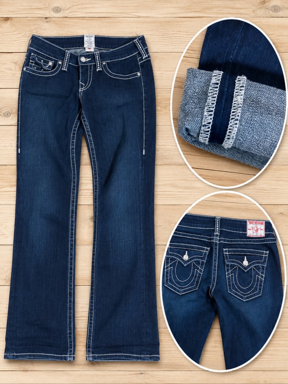 True Religion Y2K Disco Billy Big T Dark Indigo Bling Boot Cut Jeans USA W28 L29